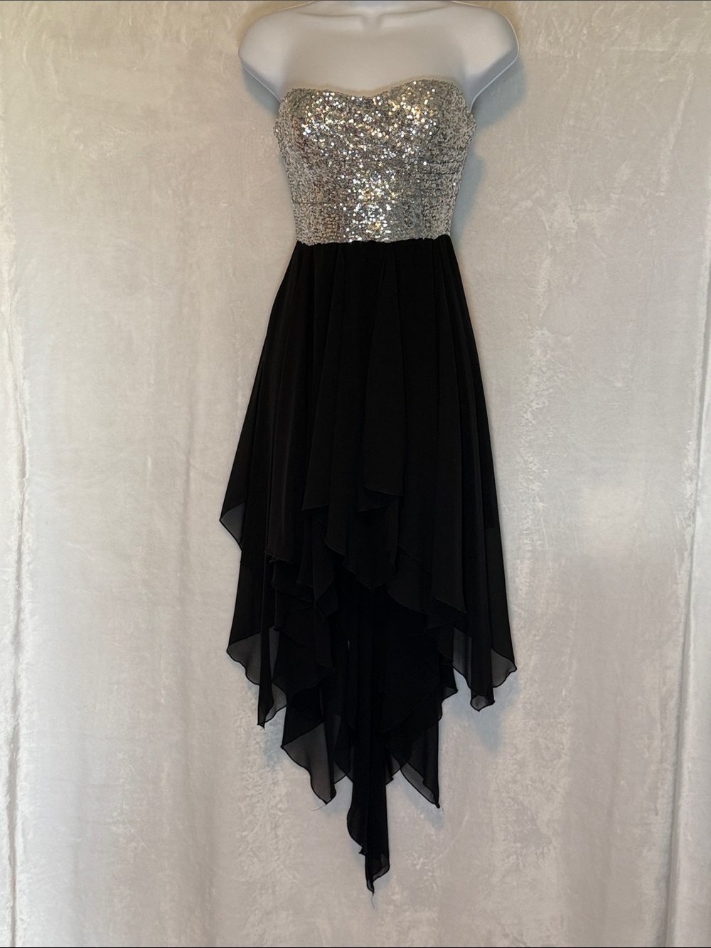 Strapless Black Dress with Silver Sequin Bodice